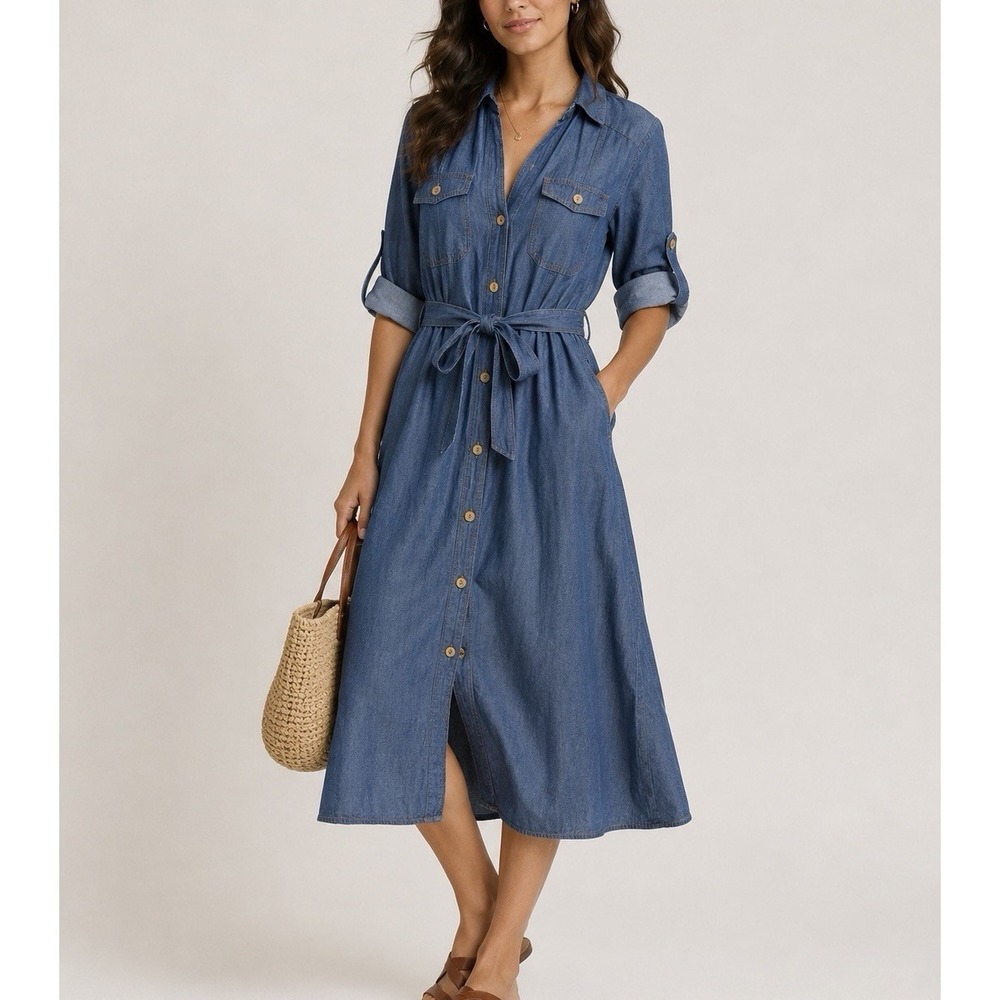 Meadow Rhodes Chambray Shirt Dress Petite Small Blue Button Front Belted